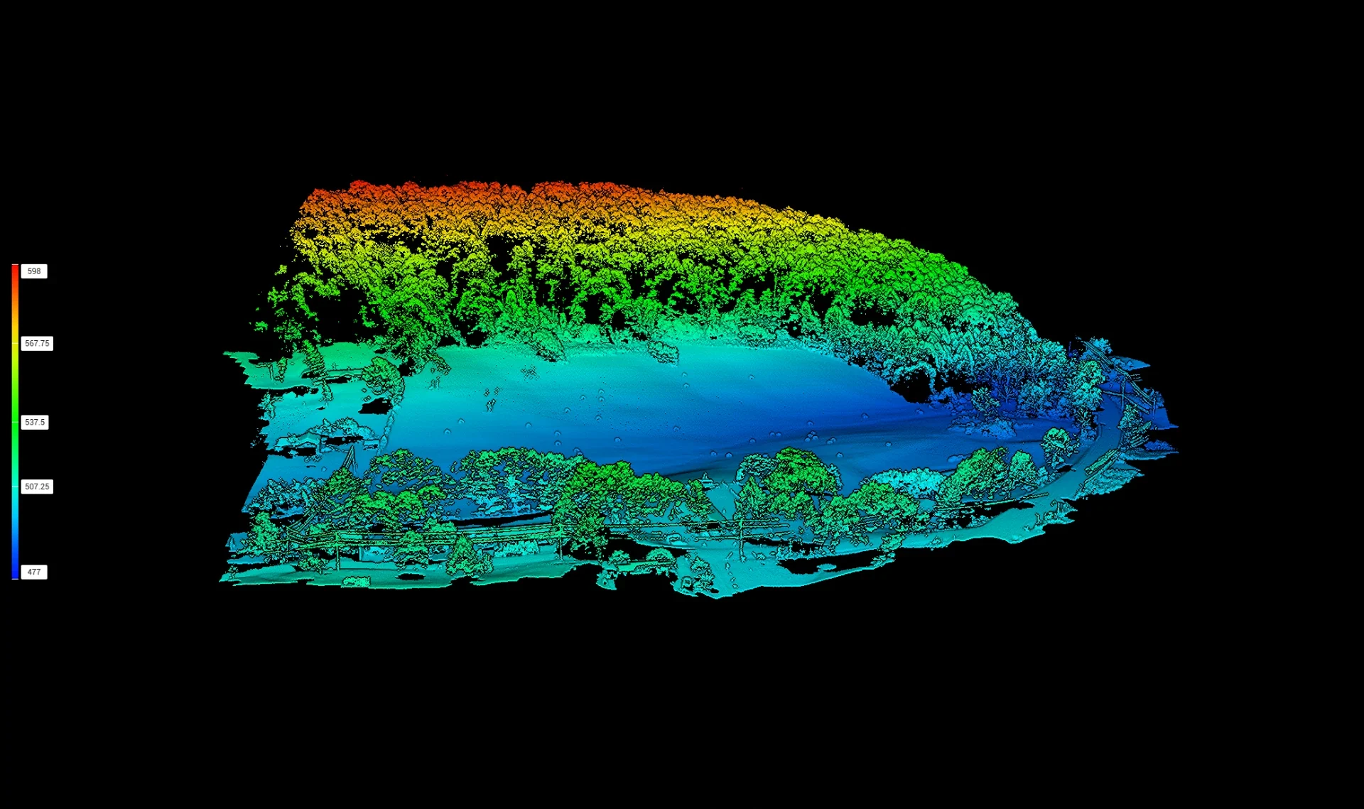 Colorized 3D terrain elevation visualization, perspective 3