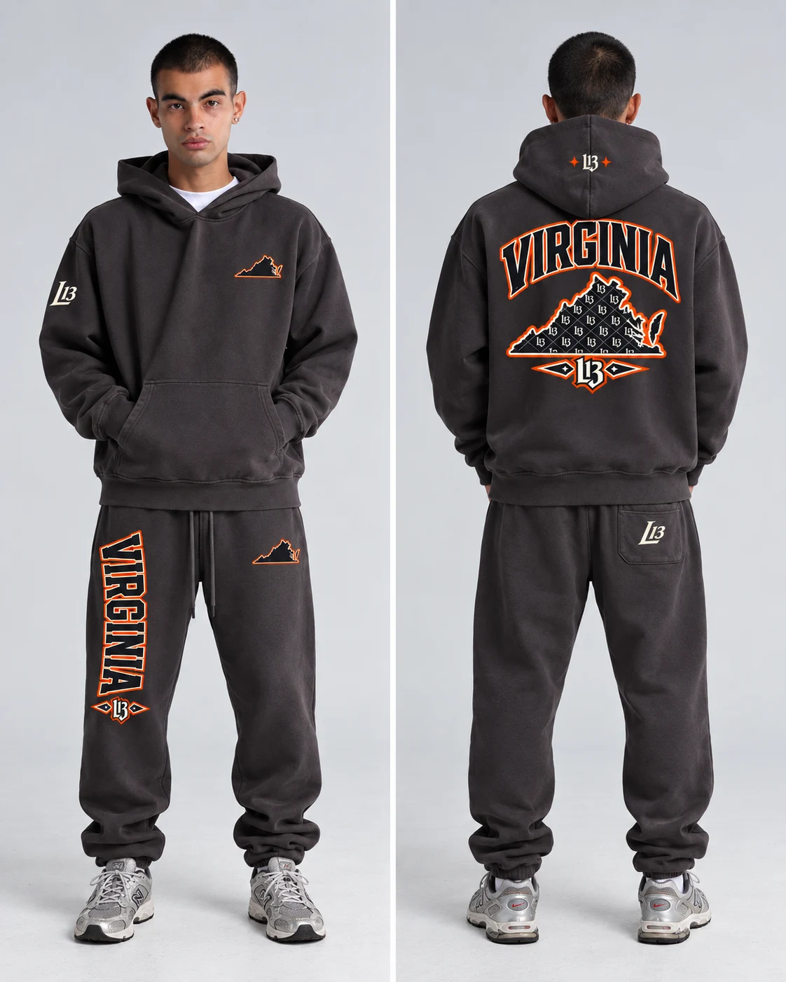 Lucky 13 Virginia hoodie and matching apparel marketing mockup