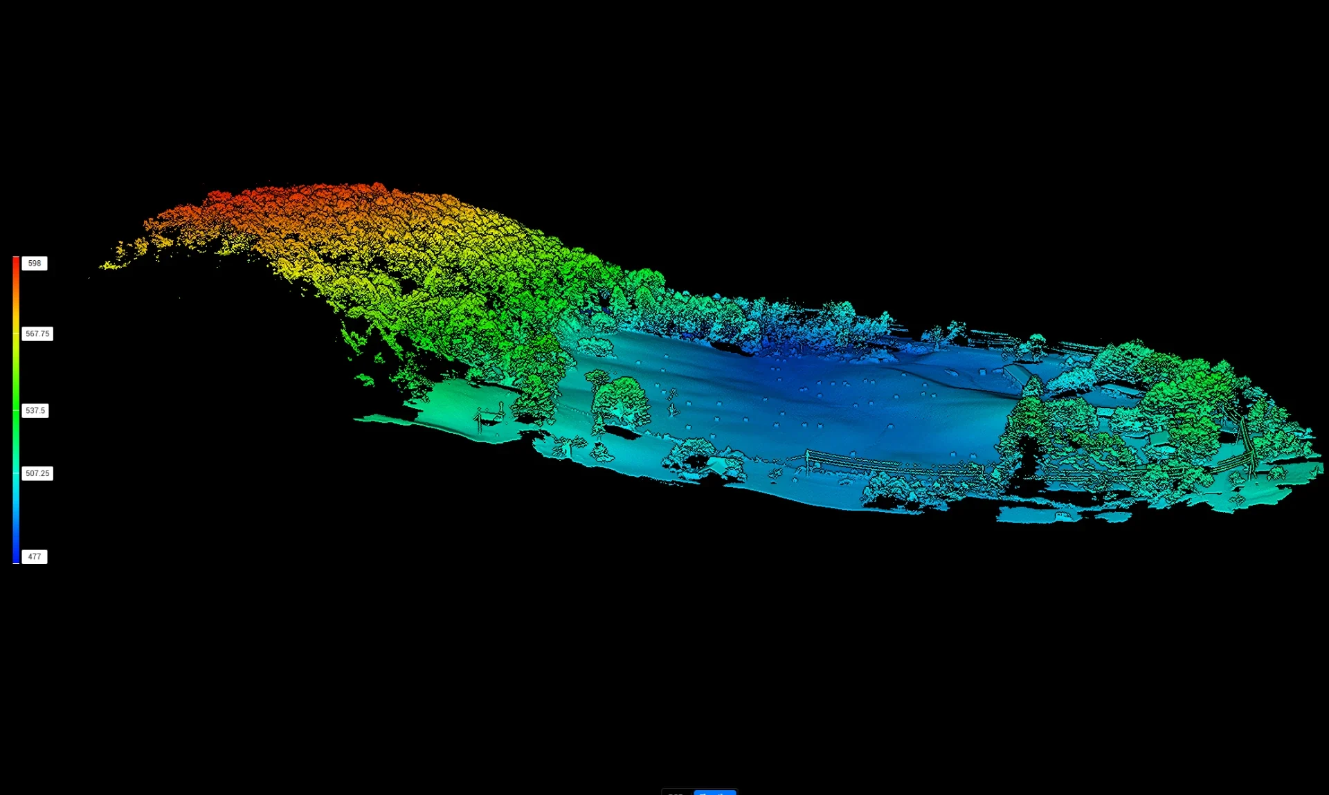 Colorized 3D terrain elevation visualization, perspective 2