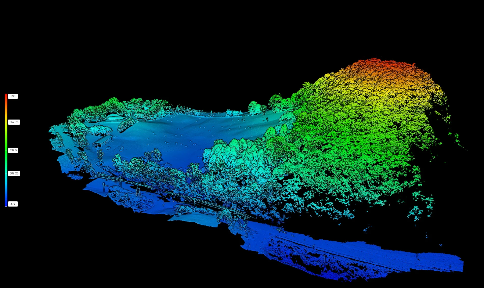 Colorized 3D terrain elevation visualization, perspective 1