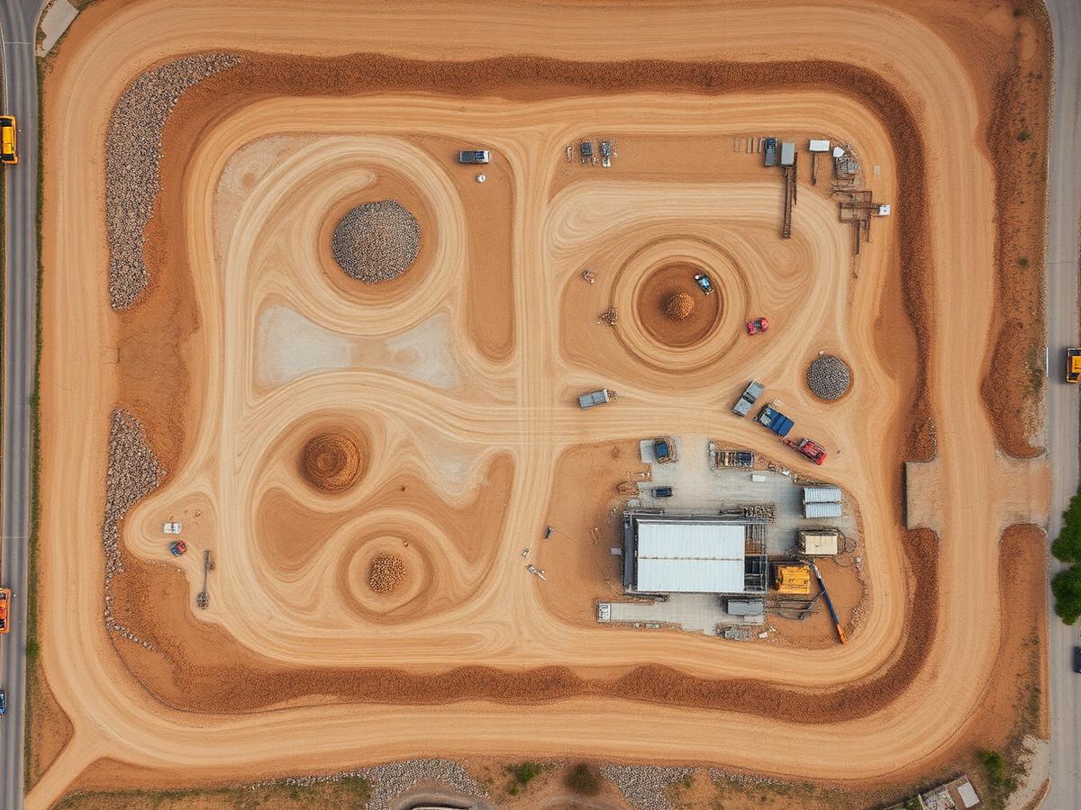 Top-down drone orthomosaic map of a commercial construction site with stockpiles