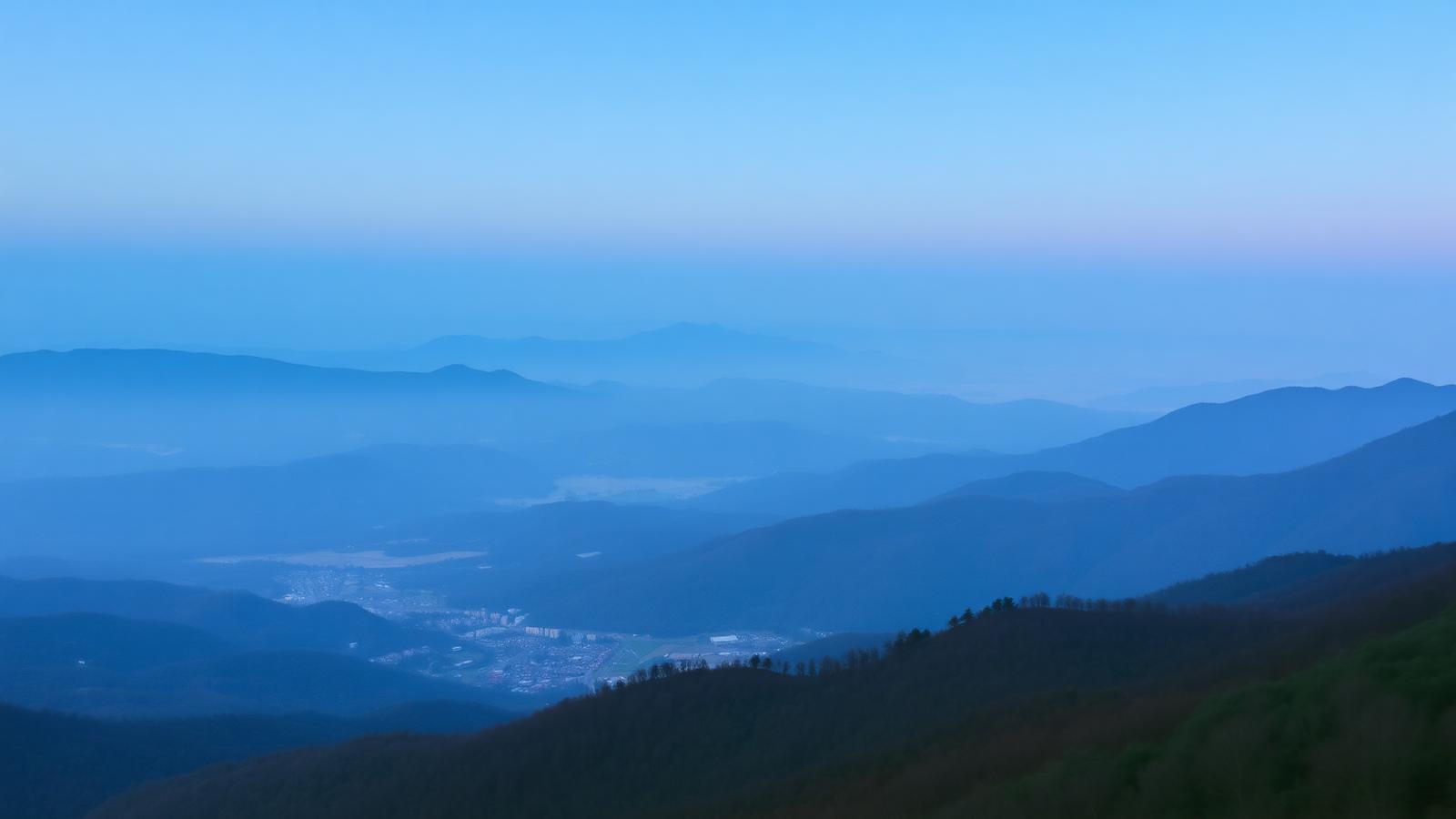 Aerial view of Appalachian ridges and a valley town at blue hour in Northeast Tennessee